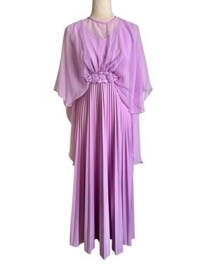 Vintage Lavender Pleated Maxi Dress with Rosette Cape Detail